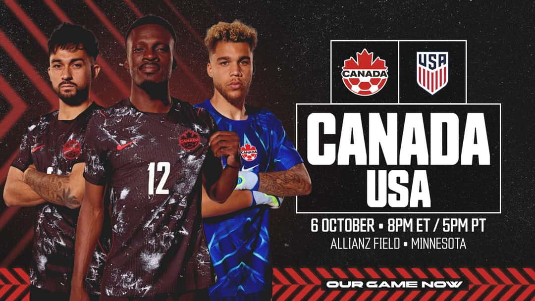 Afiche oficial de Canada Soccer para el partido ante Estados Unidos, con tres jugadores canadienses, los escudos de las dos federaciones y la fecha del 6 de octubre en el Allianz Field de Minnesota