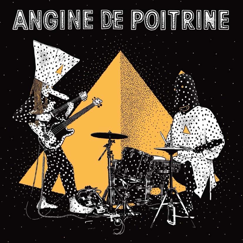 Portada oficial de «Vol. II» de Angine de Poitrine: los dos integrantes dibujados en blanco y negro con bajo y batería frente a una pirámide amarilla