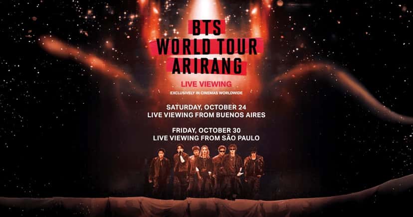 Afiche oficial del Live Viewing del BTS World Tour ARIRANG con las transmisiones en cines del sábado 24 de octubre desde Buenos Aires y del viernes 30 de octubre desde São Paulo