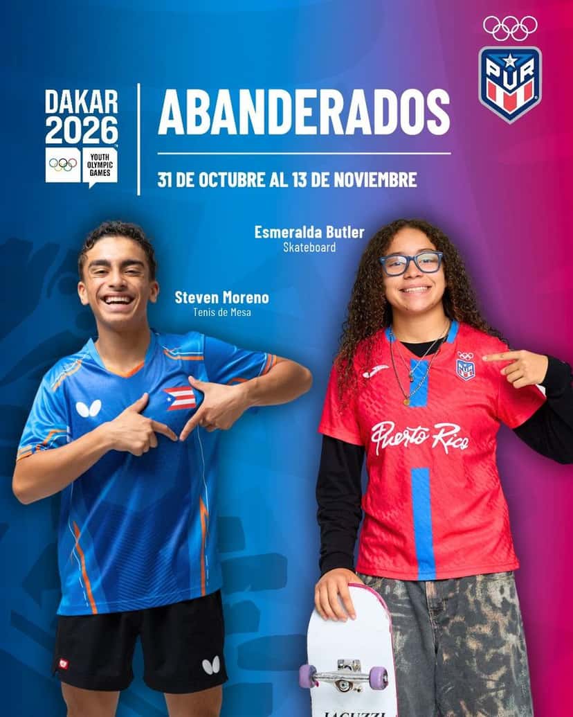 Afiche oficial del Comité Olímpico de Puerto Rico con sus abanderados para Dakar 2026: Steven Moreno, con camiseta azul de tenis de mesa, y Esmeralda Butler, con camiseta roja de Puerto Rico y una tabla de skate en la mano