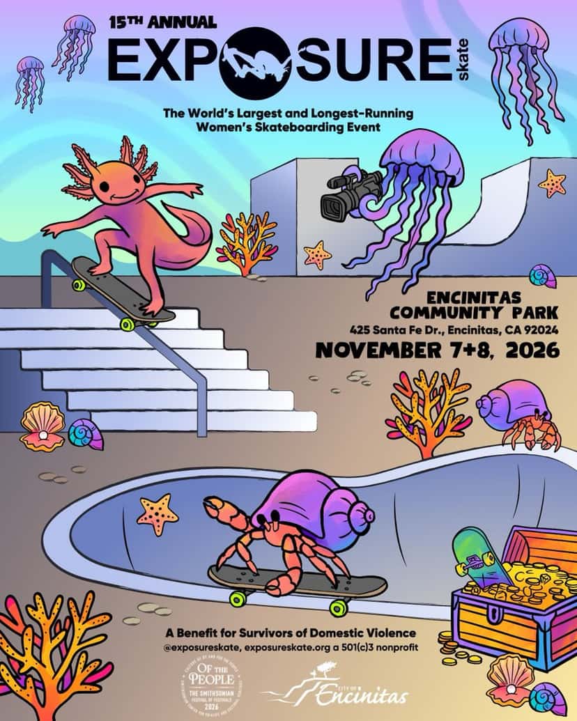 Afiche oficial de la 15.ª edición de Exposure, con un ajolote que hace un grind en una baranda, un cangrejo ermitaño que patina un bowl y la fecha del 7 y 8 de noviembre de 2026 en el Encinitas Community Park