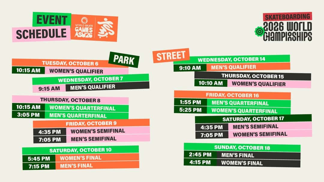 Afiche oficial del calendario de park y street del Mundial de skate de Asunción 2026, con las fechas y horarios de cada ronda