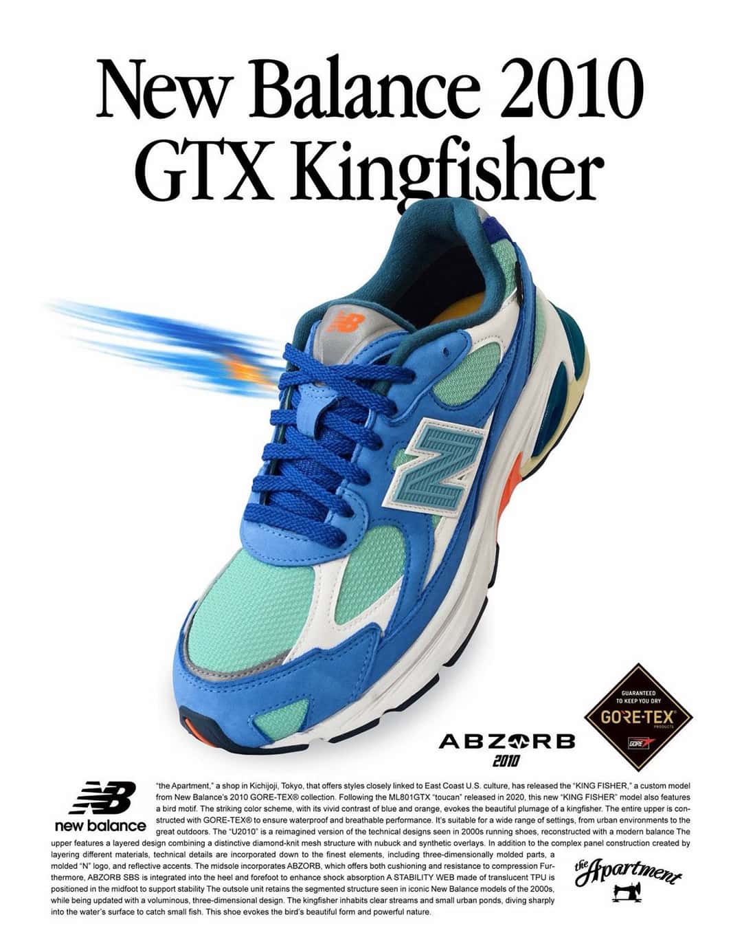 Afiche de la New Balance 2010 GTX Kingfisher, con la zapatilla azul y verde agua, el logo de ABZORB y el sello de GORE-TEX