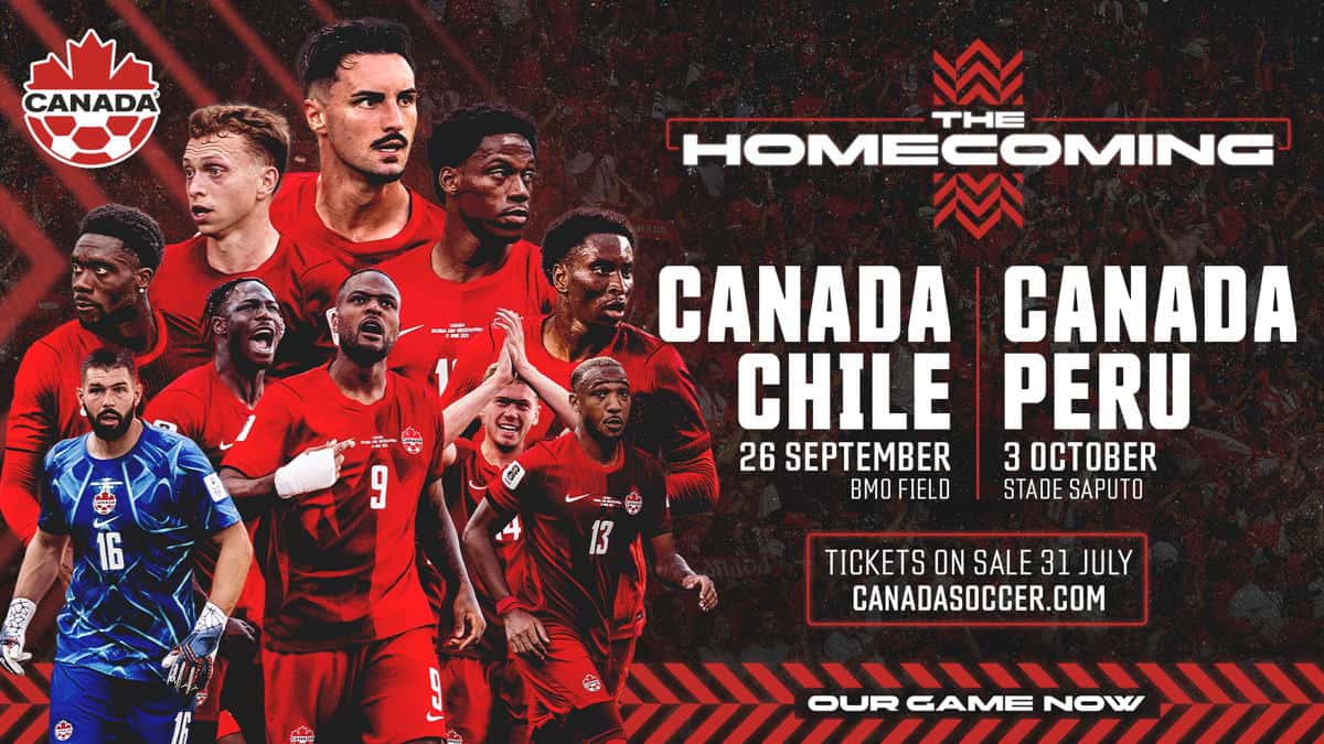 Afiche oficial de Canada Soccer de los amistosos de local ante Chile y Perú, con jugadores canadienses y las fechas 26 de septiembre en el BMO Field y 3 de octubre en el Stade Saputo