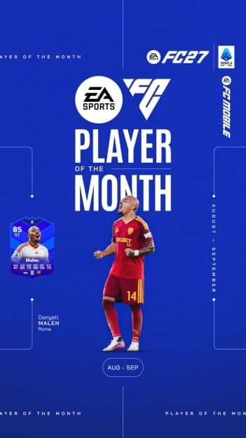 Placa oficial de la Serie A con Donyell Malen, de Roma, como Player of the Month de agosto y septiembre