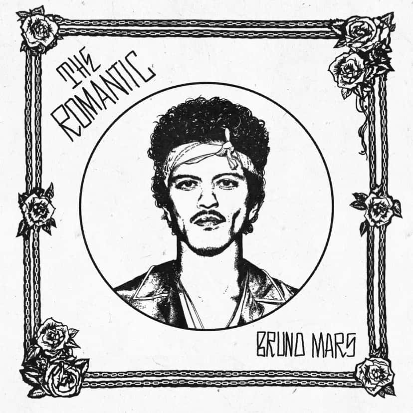 Portada del disco The Romantic de Bruno Mars: un retrato del cantante dibujado en blanco y negro dentro de un marco de cadenas y rosas