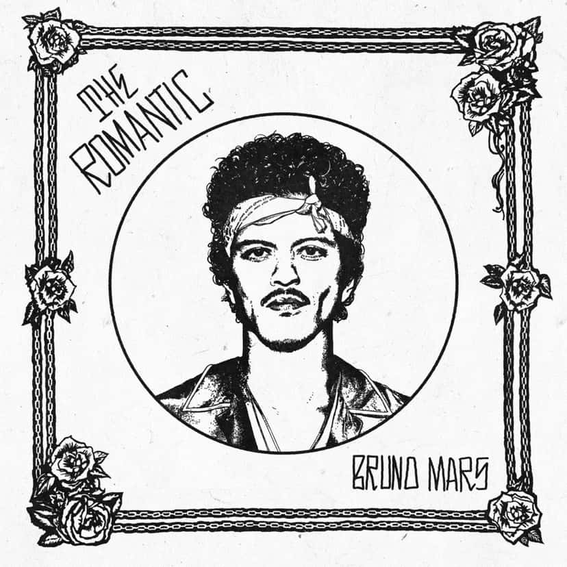 Portada de «The Romantic», de Bruno Mars: un retrato del cantante dibujado en blanco y negro, con pañuelo en la cabeza, dentro de un marco con rosas y cadenas