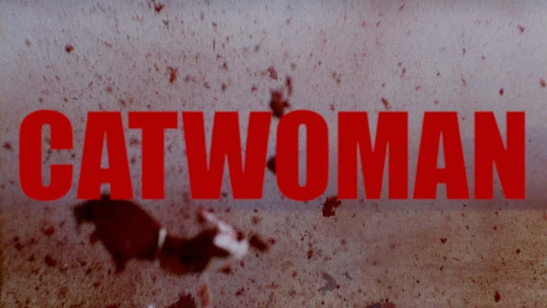 Placa del video de «CATWOMAN»: la palabra CATWOMAN en letras rojas grandes sobre un fondo de tierra clara salpicado de manchas oscuras. Imagen: Doechii / YouTube