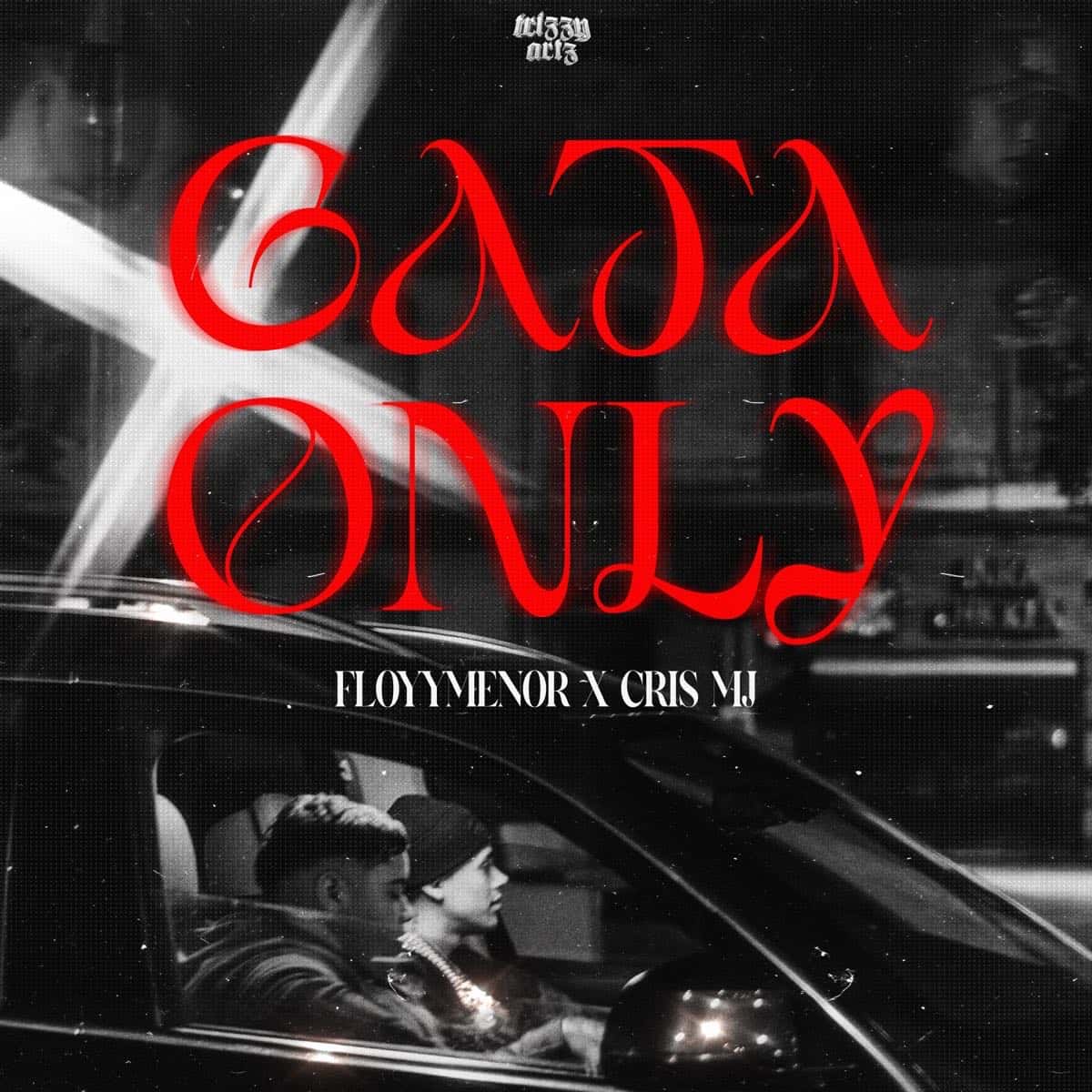 Portada del single «Gata Only»: el título en letras rojas sobre una foto en blanco y negro de FloyyMenor y Cris MJ dentro de un auto, de noche
