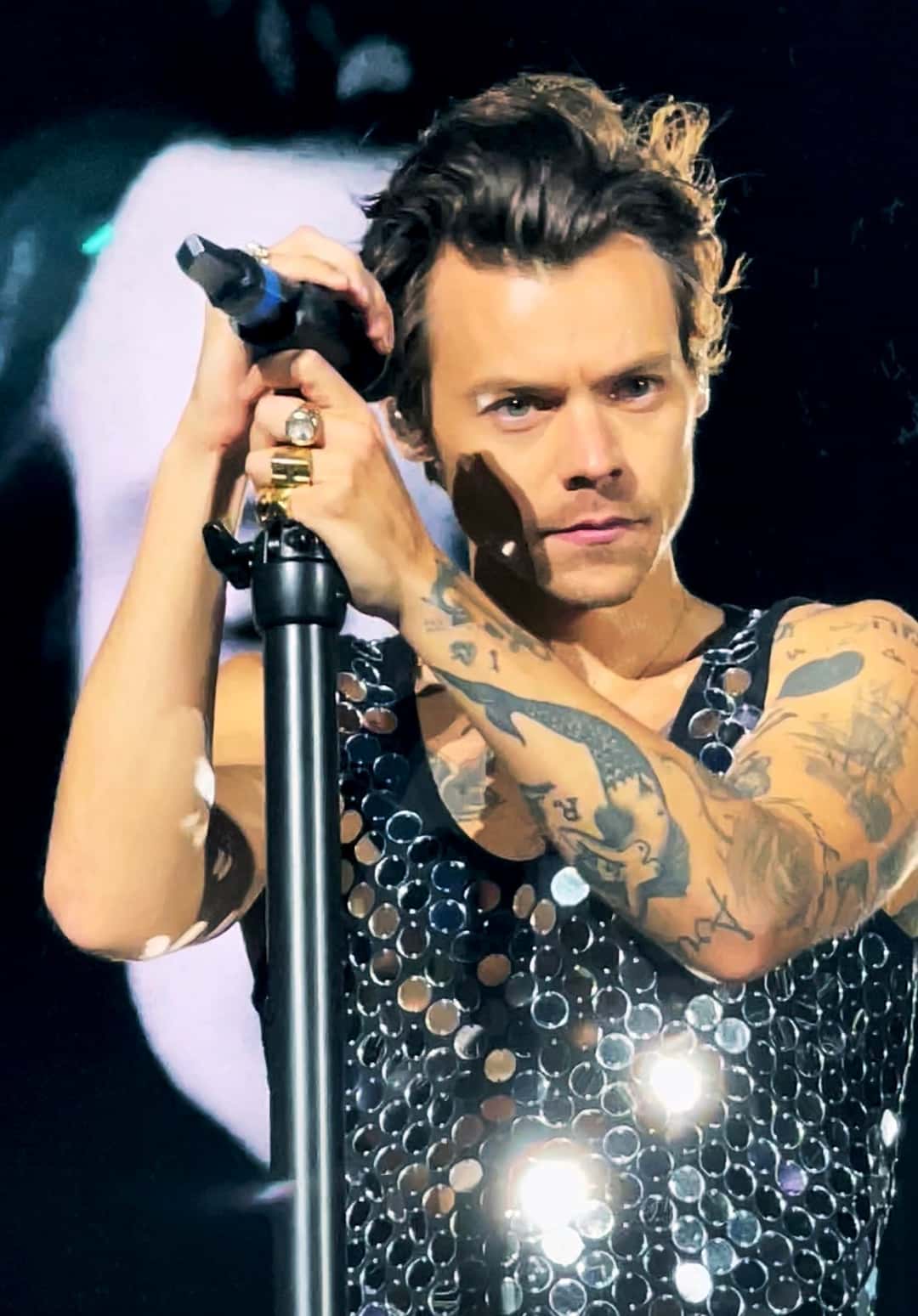 Harry Styles canta aferrado al pie de micrófono, con una musculosa de lentejuelas plateadas, en un show en el estadio de Wembley (foto de archivo, junio de 2022). Foto: Lily Redman, CC BY 2.0, vía Wikimedia Commons