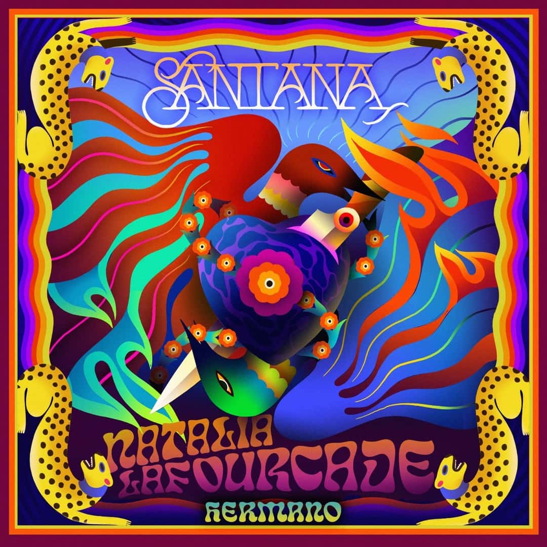 Portada de «Hermano», de Santana y Natalia Lafourcade: una ilustración psicodélica con aves de colores, llamas y serpientes amarillas, con los nombres de los dos artistas en letras curvas