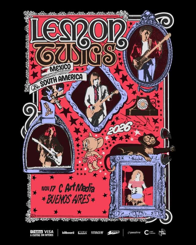 Afiche oficial del show: ilustración roja y negra con el logo de Lemon Twigs, marcos ornamentados con fotos de los músicos tocando, estrellas, un teléfono antiguo y la leyenda «Nov 17 C Art Media Buenos Aires»