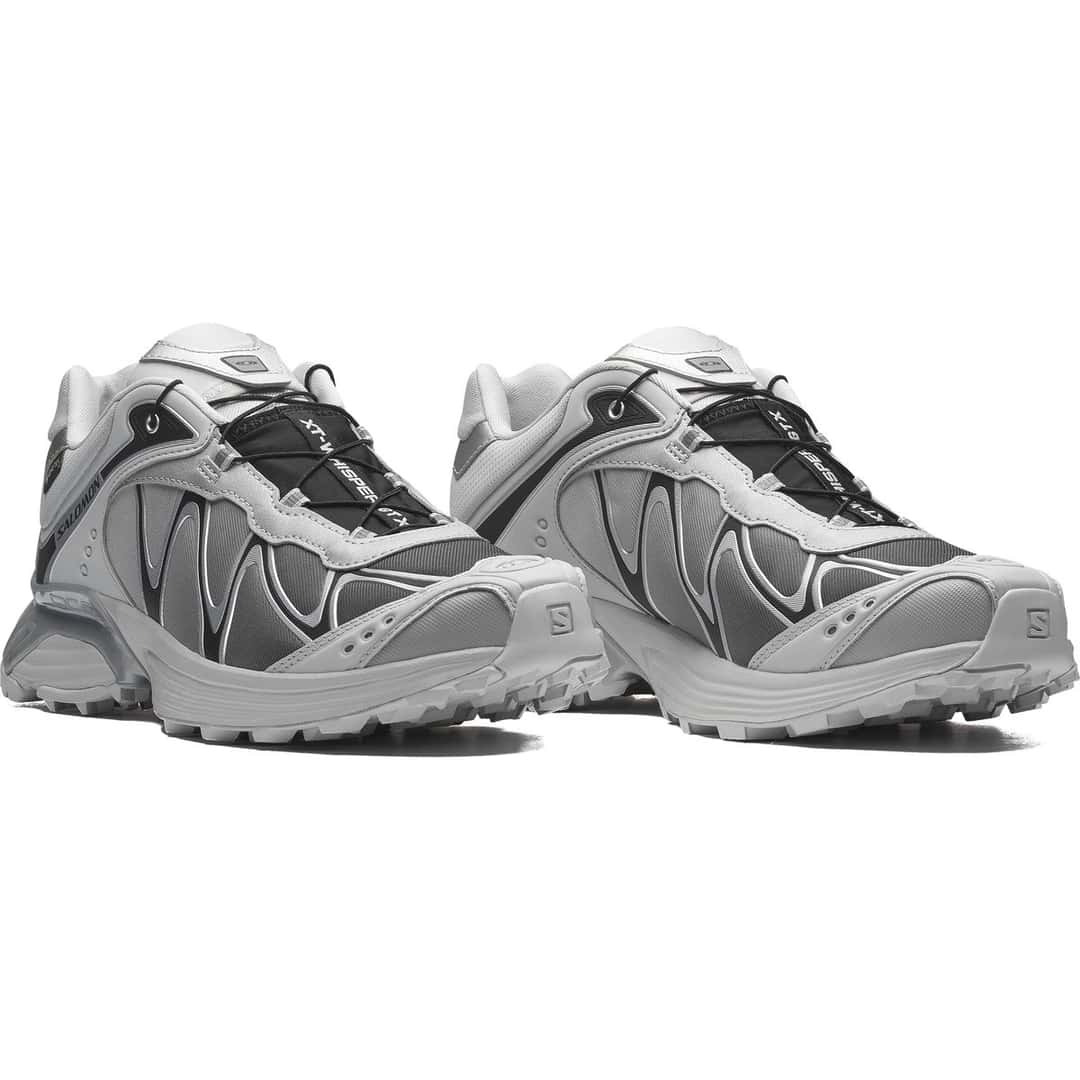 Par de Salomon XT-Whisper GORE-TEX Gray Violet en gris y plateado, vistas en diagonal sobre fondo blanco