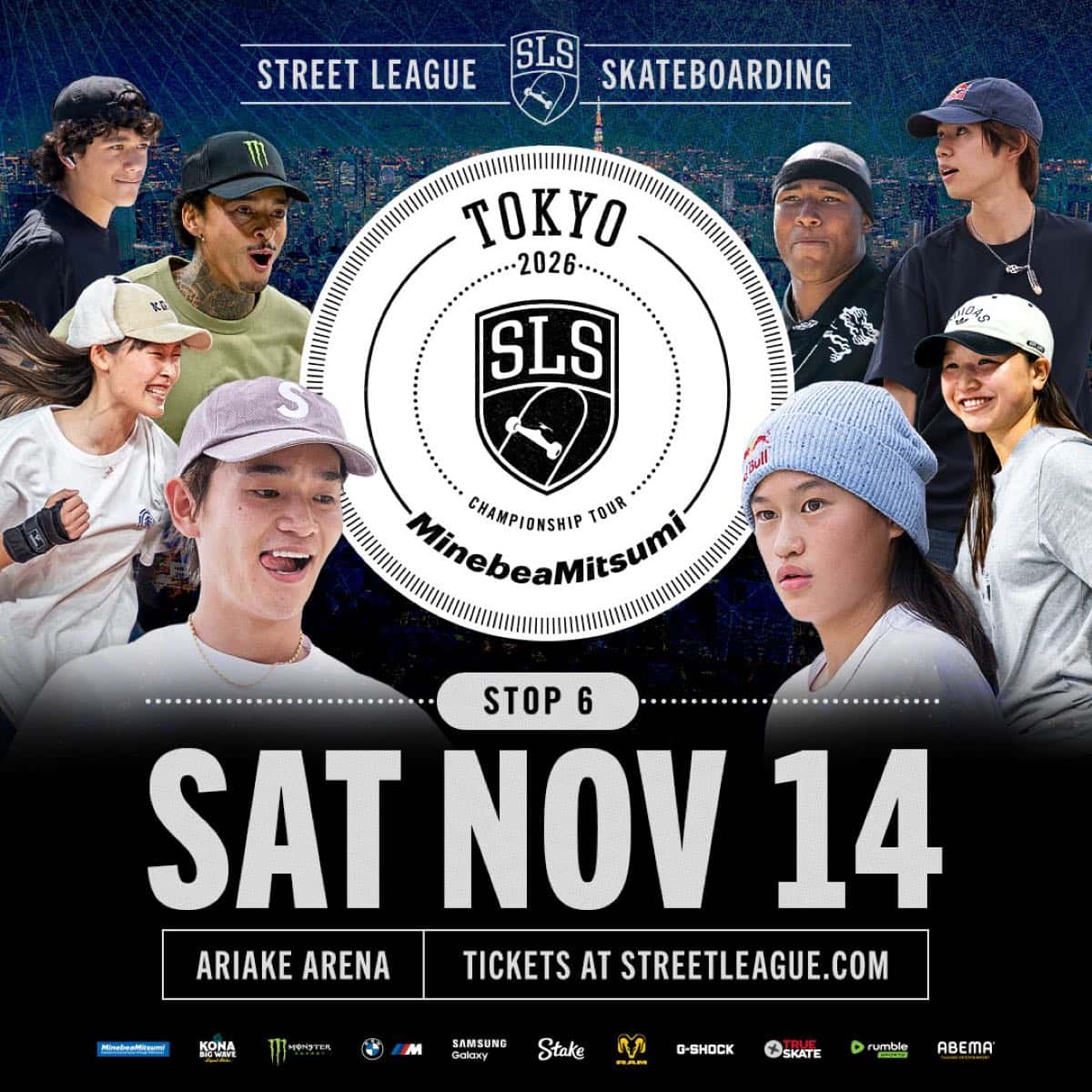 Afiche oficial de la Street League en Tokio 2026: el escudo de la liga en el centro, rodeado de skaters, con la leyenda «Stop 6», la fecha del sábado 14 de noviembre y el nombre del Ariake Arena