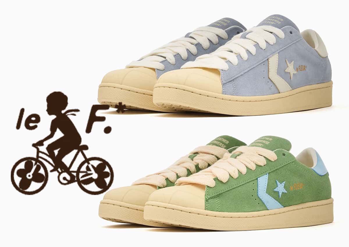 Los dos pares de la Converse Pro Leather de GOLF le FLEUR* en colores pastel sobre fondo blanco: arriba el azul lavanda con detalles crudos y abajo el verde con estrella y chevron celestes, junto al logo le F.