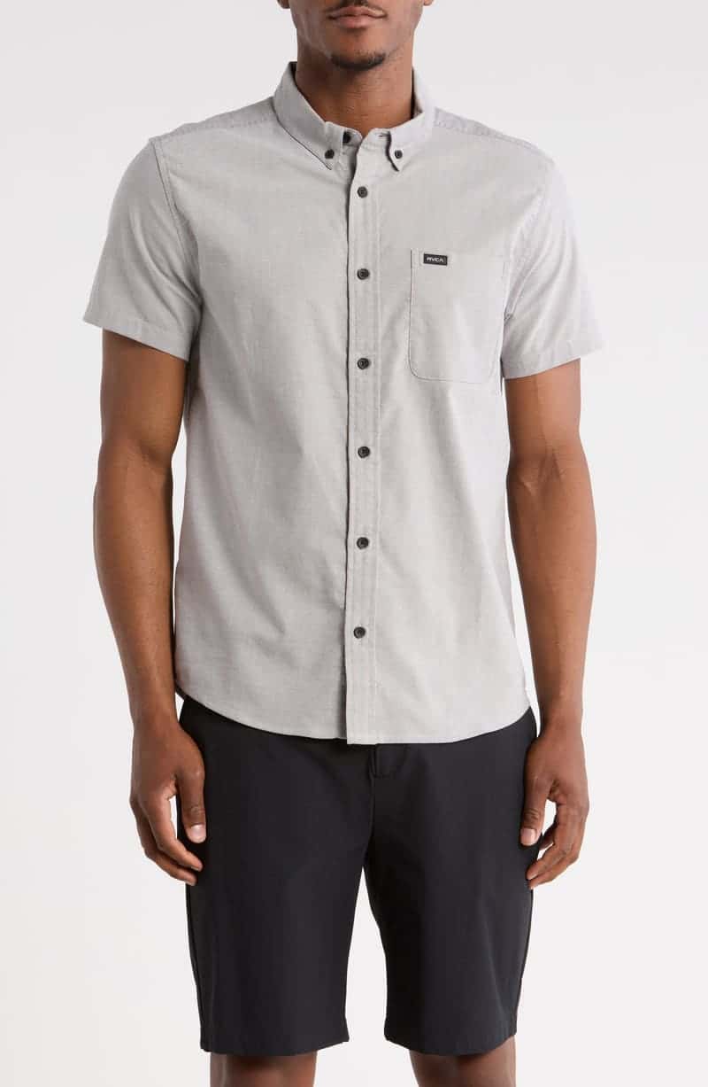 RVCA That'll Do Slim Fit Solid Short Sleeve Button-Down Shirt