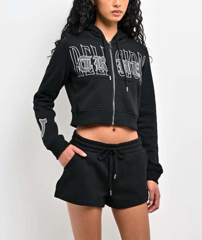 True Religion Embroidered Shrunken Black Crop Zip Hoodie