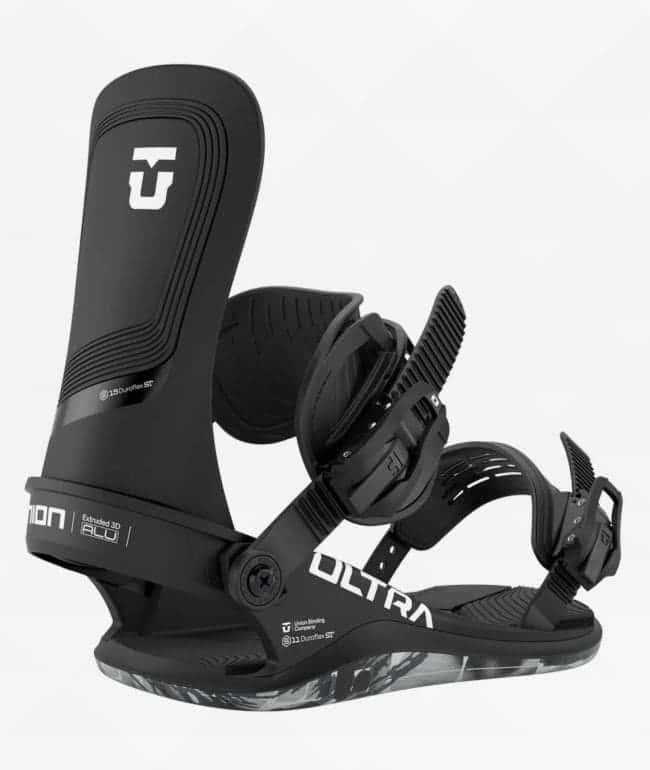 Fijación de snowboard Union Ultra 2026 negra con highback negro, logo Union blanco y la palabra Ultra en la base